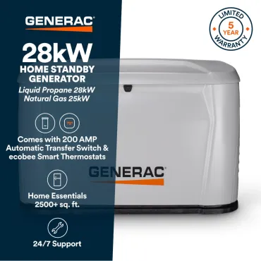 Generac 28kW Next Gen Generator Home Standby with 200-Amp SE Rated Automatic Transfer Switch | 7329